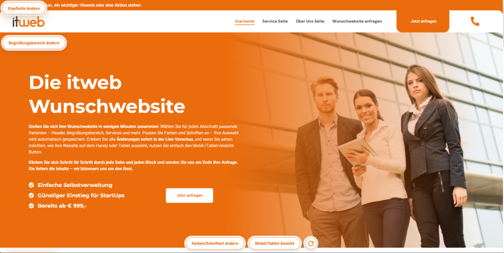 Die Startseite des itweb Wunschwebsite Konfigurator. Zu sehen sind verschiedene Buttons für die Einstellungen im Website Konfigurator